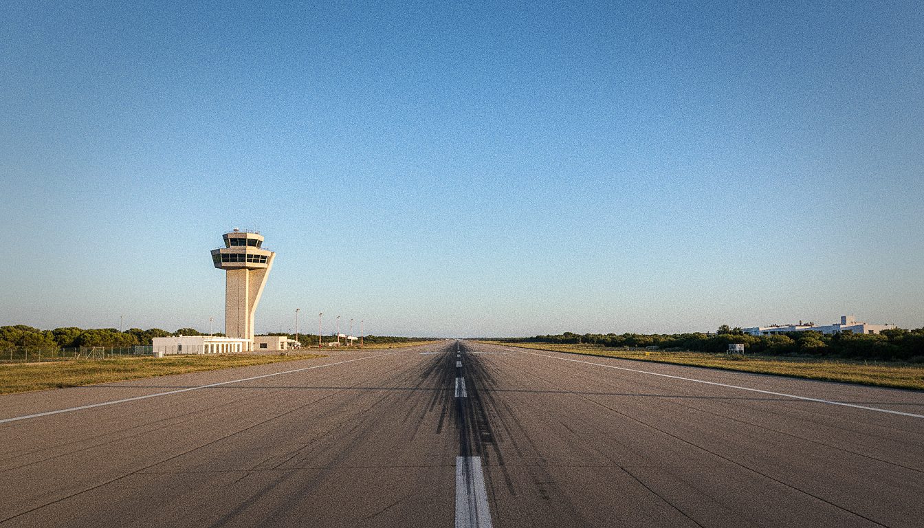 Pista y torre de control del aeropuerto de Ibiza bajo un cielo despejado