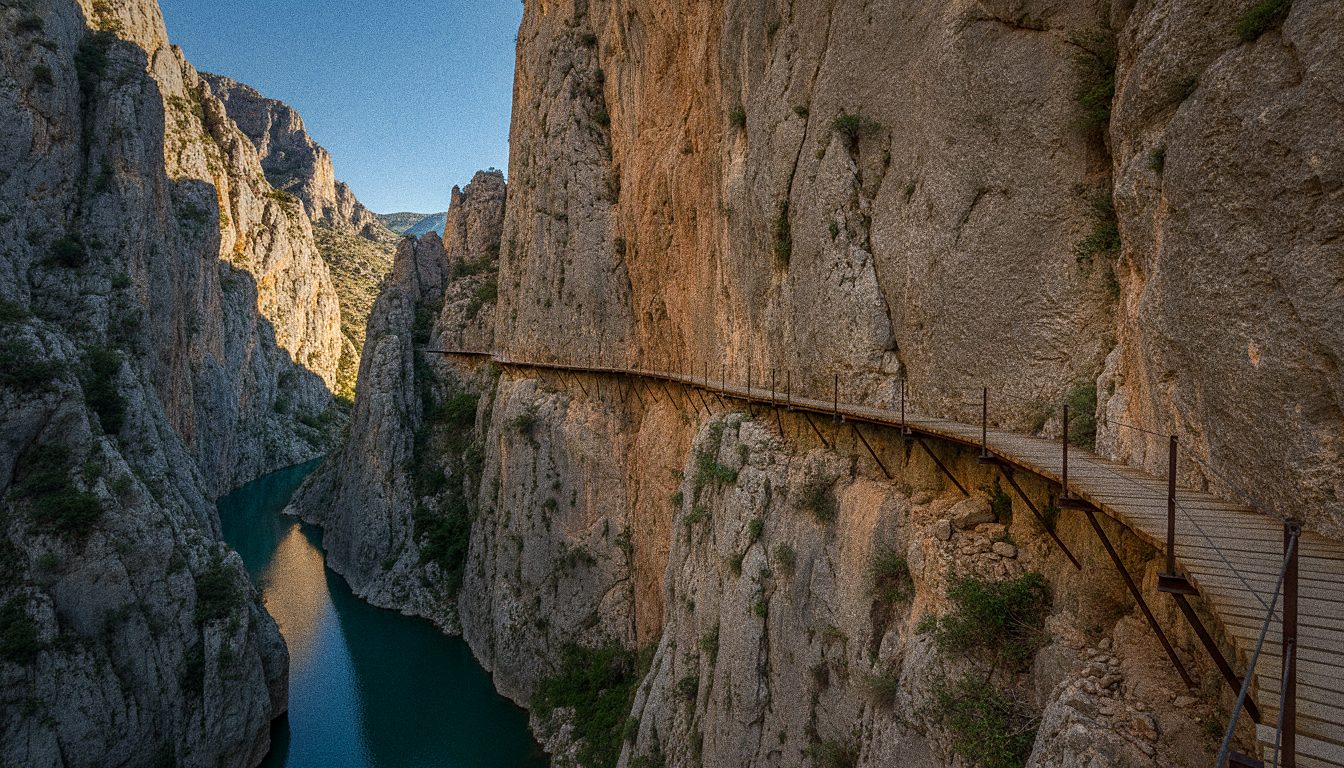 Pasarela de madera colgada de una pared vertical de roca sobre un río turquesa, sin personas