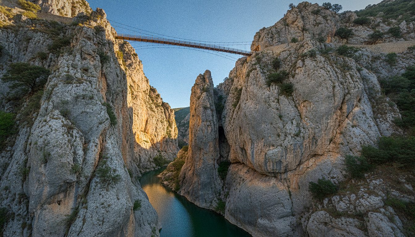 Puente colgante estrecho entre dos paredes de un cañón de piedra caliza bajo cielo despejado
