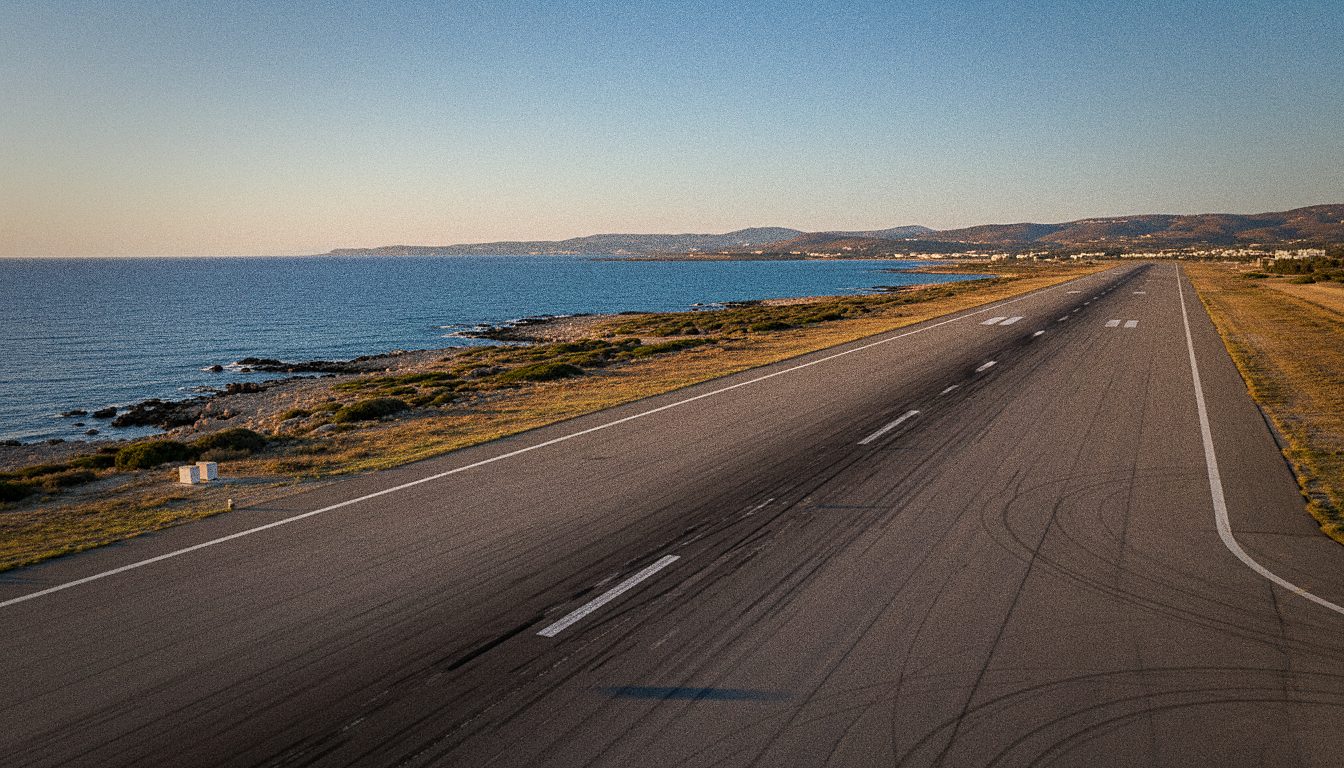 Pista de aterrizaje de un aeropuerto en la isla de Creta junto al mar Egeo