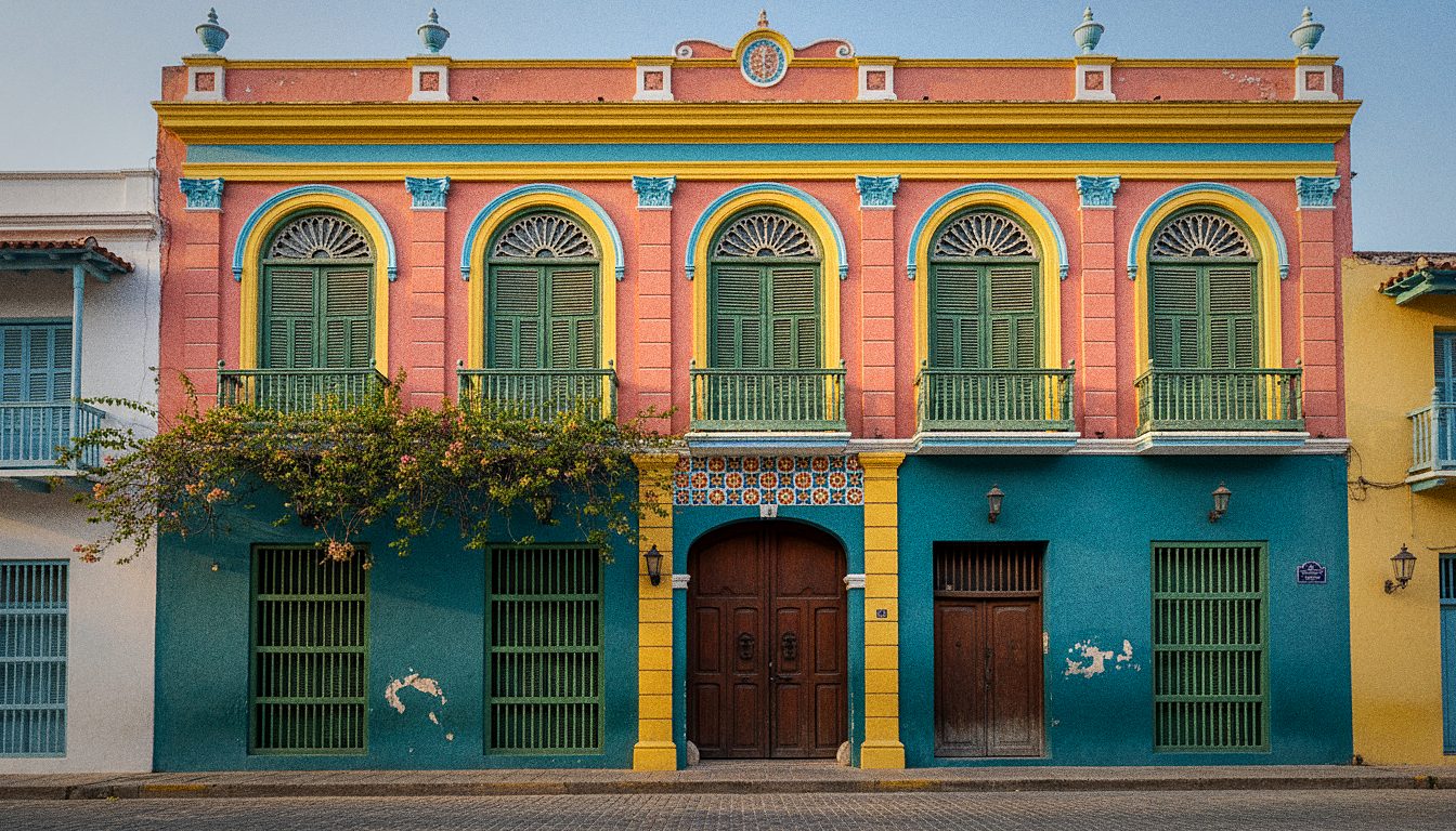 Fachada colonial colorida de un edificio del Barrio Abajo en Barranquilla