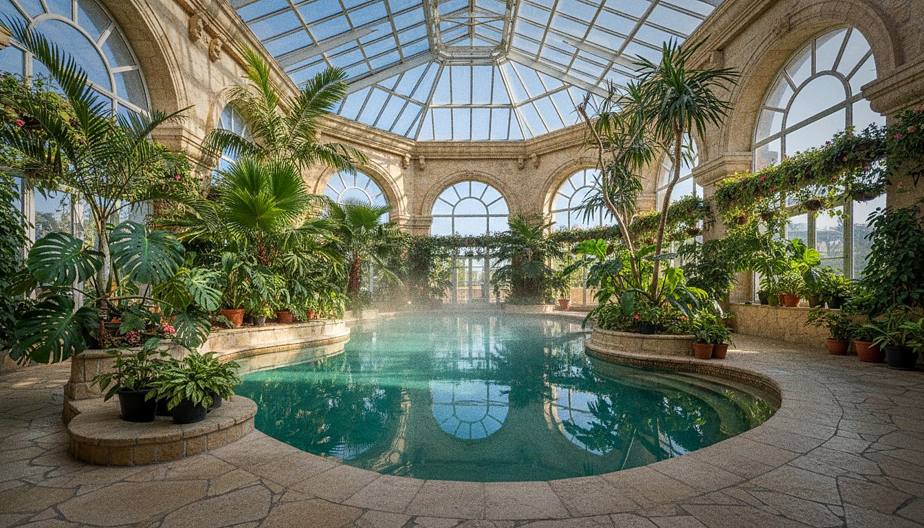Piscina termal cubierta con plantas tropicales y luz natural, sin personas