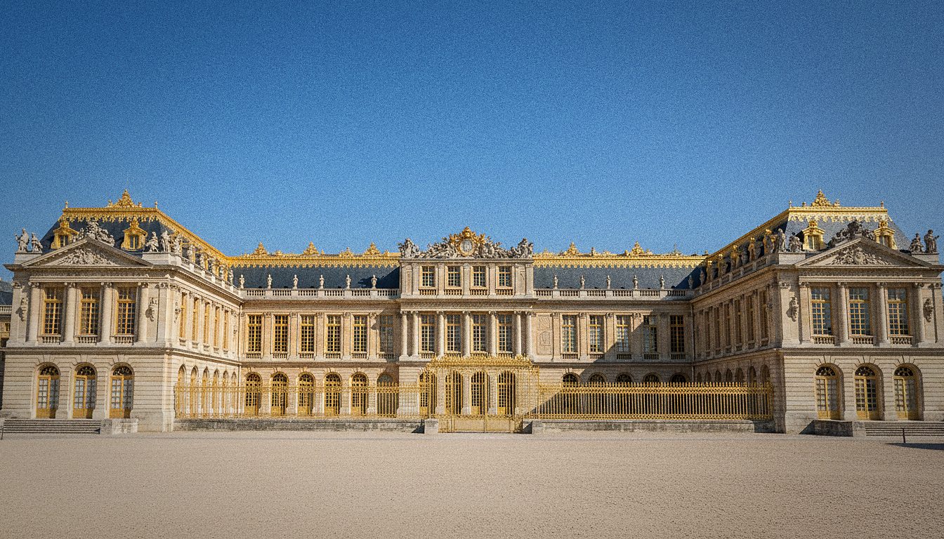 Fachada dorada del Palacio de Versalles bajo luz de media tarde, sin personas